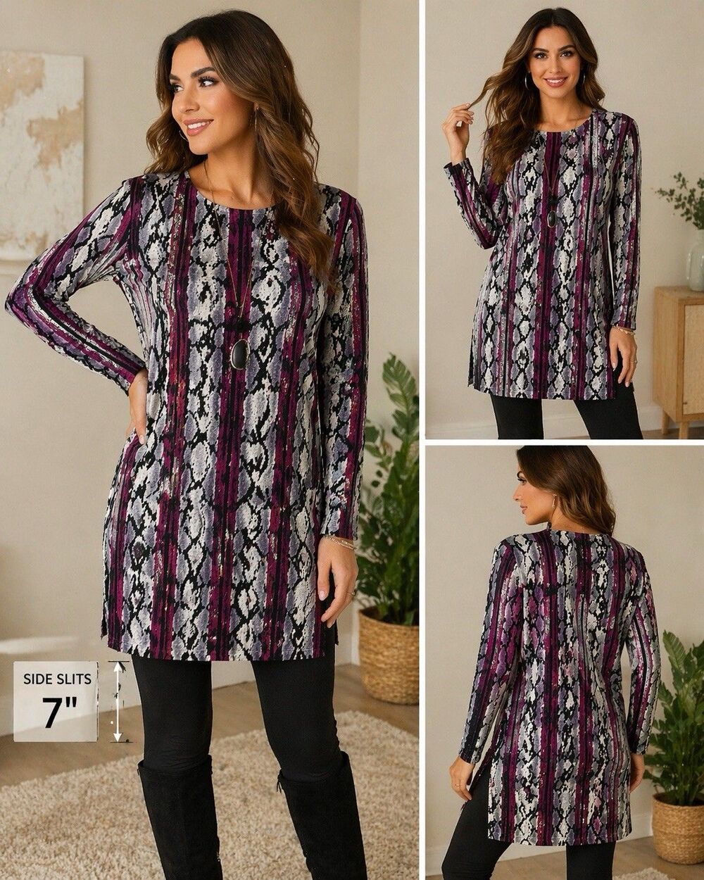 Snake Print Tunic Mini/Dress Womens M L Purple Stripe Stretch Long Sleeve